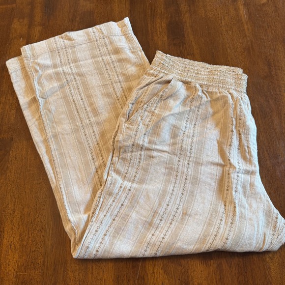 Briggs Pants - Briggs Womens XL Tan Linen Blend Striped Embroidered Wide Leg Smocked Pants NEW